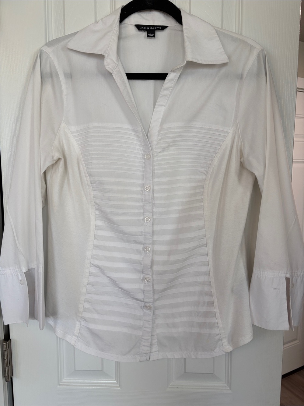 Zac & Rachel White Pleated Button-Down Tuxedo Style 3/4” Sleeves Blouse Size L